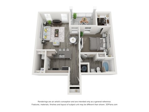A 3D floor plan of a small apartment with a kitchen, living room, and bathroom.